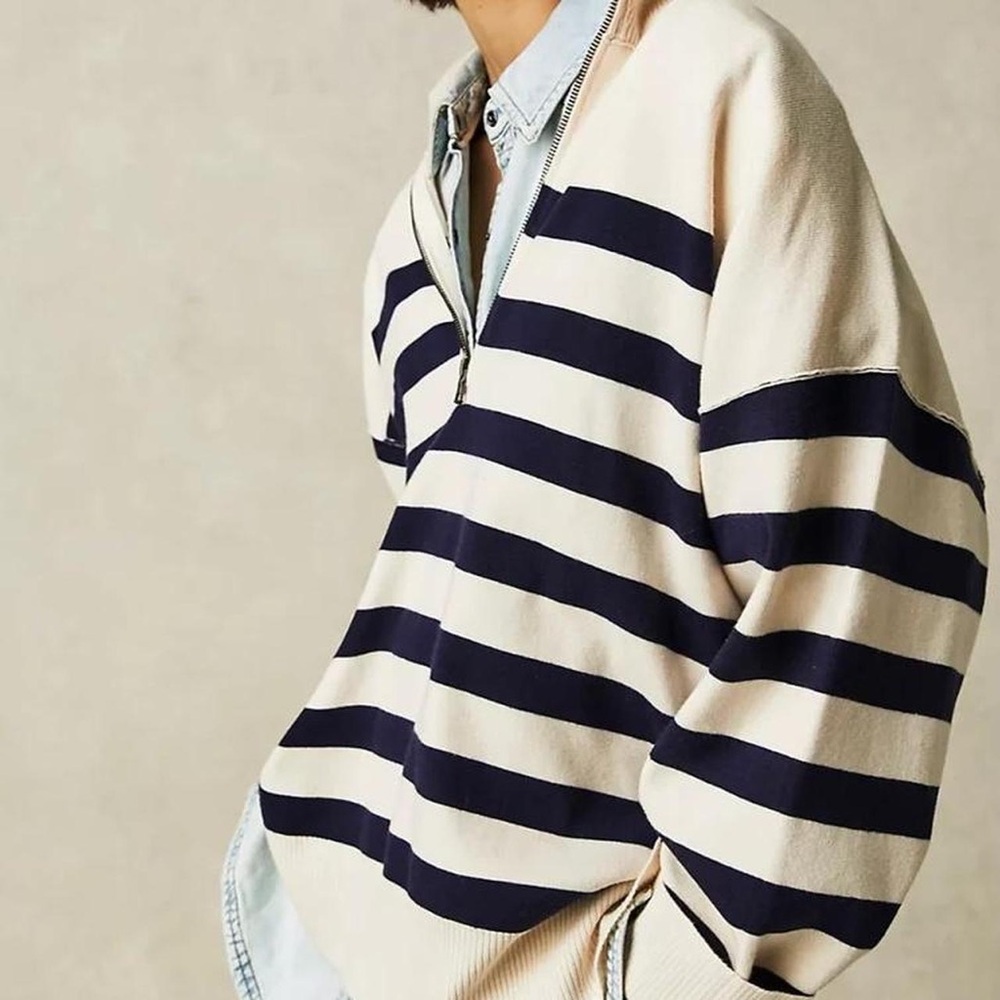 Free People Navy and Cream Striped Sweater